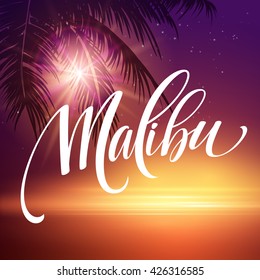 Malibu California handwriting lettering on the palm leaf tropical background. Vector illustration EPS10