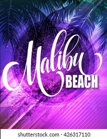 Malibu California handwriting lettering on the palm leaf tropical background. Vector illustration EPS10