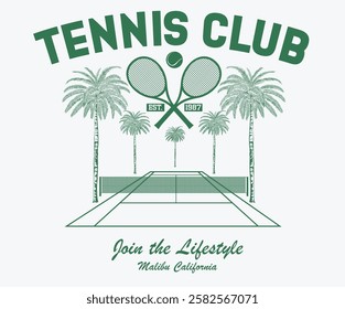 Malibu California tennis club artwork for t shirt, posters, stickers, background and others. Date palm tree vector design. Tennis court graphic design.