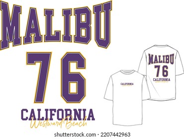 Malibu California Typography Apparel Varsity Graphic Tshirt Design 