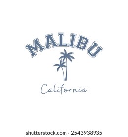 Malibu California escrito em azul claro e duas palmeiras no meio também são azuis. Vetor para serigrafia, dtg, dtf, t-shirts, sinais, banners, Subimation Jobs ou para qualquer aplicação