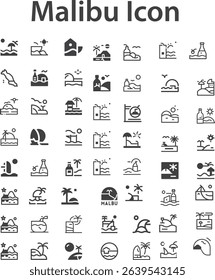 Malibu icon Set. A stylized, circular black and white illustration depicting a tropical beach scene with palm tree, umbrella, chair, mountains, sun, clouds, and birds. Pro Vector.eps
