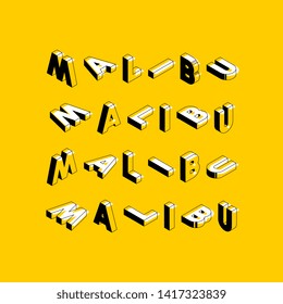 'malibu' isometric vector concept illustration. abstract trend retro typography with symbols or signs in geometric 3D shape style on yellow background. eps 10