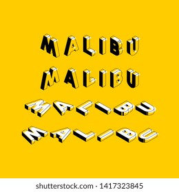'malibu' isometric vector concept illustration. abstract trend retro typography with symbols or signs in geometric 3D shape style on yellow background. eps 10