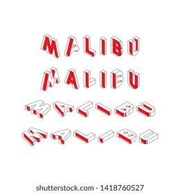 'malibu' isometric vector concept illustration with red elements. abstract trend retro typography with symbols in geometric 3D shape style on white background. eps 10