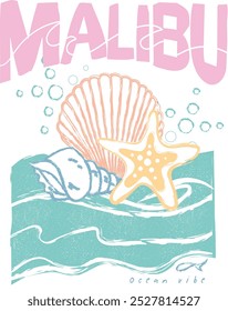 Slogan da vibração do oceano de Malibu shell e ilustração da estrela