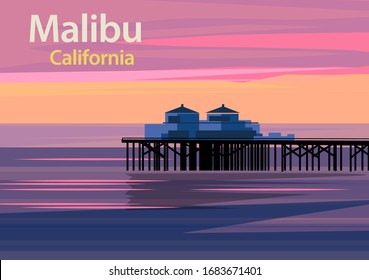 Malibu Pier at sunset in California, United States, vector illustration