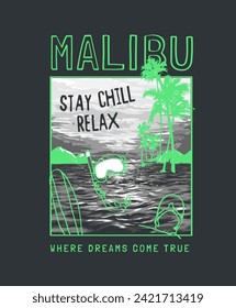 malibu slogan with ocean sunset and hand drawn beach icons vector illustration for fashion print