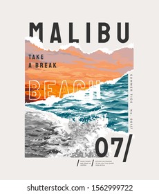 Malibu Slogan On Natural Sunset And Ocean Beach Illustration