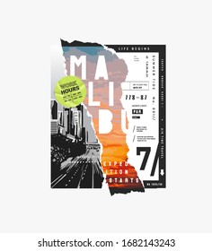 Malibu slogan on sunset background paper ripped off illustration