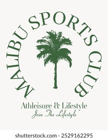 Malibu sports club t shirt,  palm tree palm island slogan for t-shirt, Palm paradise. Palm beach club design. Sunshine paradise graphic print design. Summer vibes artwork. Surf club design.