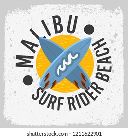 Malibu Surf Rider Beach California Surfing Surf Design With A Surfboards  Logo Sign Label for Promotion Ads t shirt or sticker Poster Vector Image.