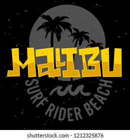 Malibu Surf Rider Beach California Surfing Surf Design  Logo Sign Label for Promotion Ads t shirt or sticker Poster Flyer Vector Image.