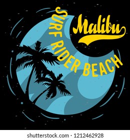 Malibu Surf Rider Beach California Surfing Surf Design  Logo Sign Label for Promotion Ads t shirt or sticker Poster Flyer Vector Image.