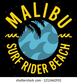 Malibu Surf Rider Beach California Surfing Surf Design  Logo Sign Label for Promotion Ads t shirt or sticker Poster Flyer Vector Image.