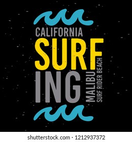 Malibu Surf Rider Beach California Surfing Surf Typographic Type  Design  Sign Label for Promotion Ads t shirt or sticker Poster Flyer Vector Image.