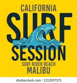 Malibu Surf Rider Beach California Surfing Surf Typographic Type  Design  Sign Label for Promotion Ads t shirt or sticker Poster Flyer Vector Image.