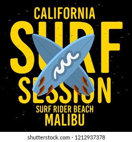 Malibu Surf Rider Beach California Surfing Surf Typographic Type  Design  Sign Label for Promotion Ads t shirt or sticker Poster Flyer Vector Image.