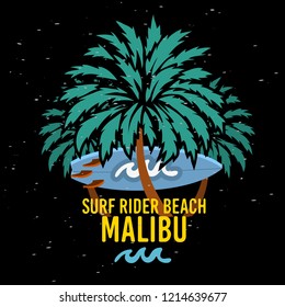 Malibu Surf Rider Beach California Surfing Surf  Sign Label for Promotion Ads t shirt or sticker Poster Flyer Design Vector Image.