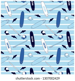 Malibu surf seamless pattern.Surfboard drawing.Fun t-shirt design for kids.Vector illustration design for fashion fabrics, textile graphics, print. 