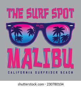 Malibu Surf Typography, T-shirt Graphics, Vectors