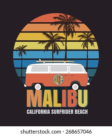 Malibu surf typography, t-shirt graphics, vectors