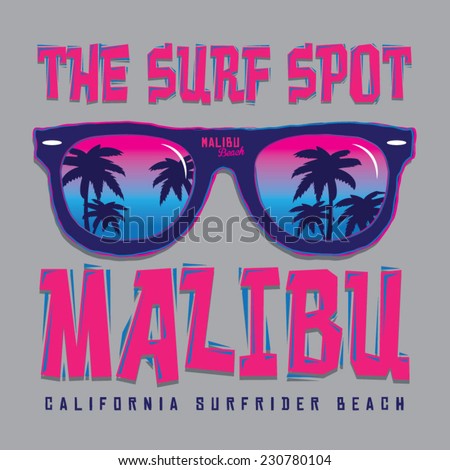 Malibu surf typography, t-shirt graphics, vectors