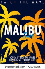 Malibu Surfing graphic with palms. T-shirt design and print