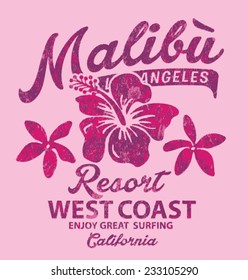 Malibu surfing with hibiscus - Vector vintage print for girl t-shirt in custom colors