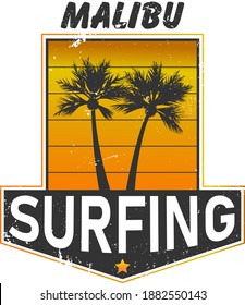 Malibu surfing paradise - Vector vintage print for girl t-shirt in custom colors, grunge effect in separate layer