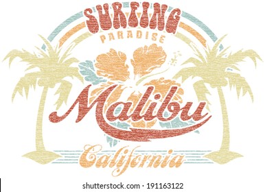 Malibu surfing paradise - Vector vintage print for girl t-shirt in custom colors, grunge effect in separate layer