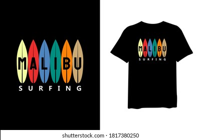 Malibu surfing with tropical palm silhouettes, stylish t-shirts and trendy clothing designs with lettering, and printable, vector illustration designs.