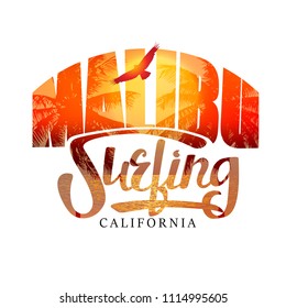Malibu Surfing - vector lettering with double exposure, depicting palm trees, beach, sunset or sunrise. Print on a T shirt in retro style