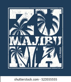 Malibu tee print with palm trees. T-shirt design, graphics, stamp, label, typography.