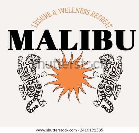 Malibu Tiger Health Club Wellness  retreat fashion Club Retro Varsity College California Sun USA Trending Script Slogan Graphic Tee t-shirt logo artwork typography tote badge emblem crest 
