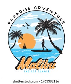 Malibu tropical trip with sunset and palm trees in the sea and beach. 	Surfboard silhouette, vector illustrations for t-shirt and other uses. 