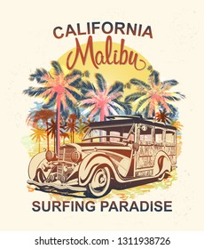 Malibu typography for t-shirt print with palm,beach and retro Woody Car.Vintage poster.