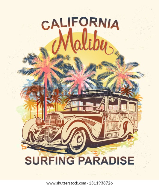 Malibu typography for t-shirt print\
with palm,beach and retro Woody Car.Vintage\
poster.