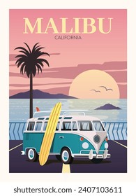 Malibu vector city poster with caravan in front of the sunset