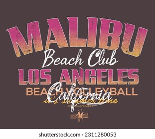 Malibu vector print design for t-shirt print, poster, sticker, background and other uses. Beach club typography artwork.