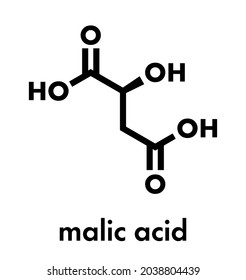 Malic acid fruit acid molecule. Present in apples, grapes, rhubarb, etc and contributes to the sour taste of these. Skeletal formula.