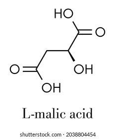 Molécula ácida de ácido málico. Presente en manzanas, uvas, ruibarbo, etc y contribuye al sabor amargo de éstas. Fórmula esquelética.