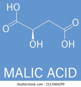 Malic acid fruit acid molecule. Present in apples, grapes, rhubarb, etc and contributes to the sour taste of these. Skeletal formula.
