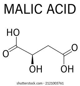 Malic acid fruit acid molecule. Present in apples, grapes, rhubarb, etc and contributes to the sour taste of these. Skeletal formula.