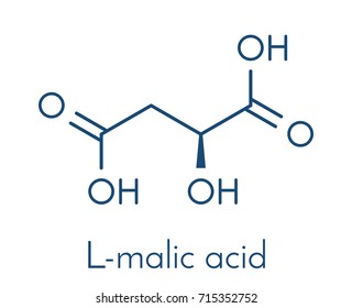 Malic acid fruit acid molecule. Present in apples, grapes, rhubarb, etc and contributes to the sour taste of these. Skeletal formula.