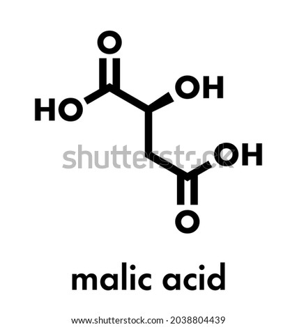 Malic acid fruit acid molecule. Present in apples, grapes, rhubarb, etc and contributes to the sour taste of these. Skeletal formula.