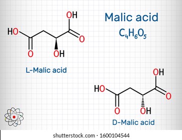 Malic acid, stereoisomeric forms D- and L-malic acid molecule. Skeletal chemical formula. Sheet of paper in a cage.Vector illustration

