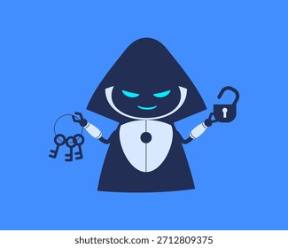 Robot malicioso de la IA que sostiene llaves para abrir el candado. Ilustración vectorial para artículos de ciberseguridad, blogs tecnológicos, informes