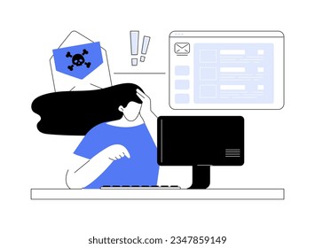 Malicious attachments abstract concept vector illustration. Woman having threat in email, malicious files to steal data, cybersecurity attack, computing industry, IT technology abstract metaphor.