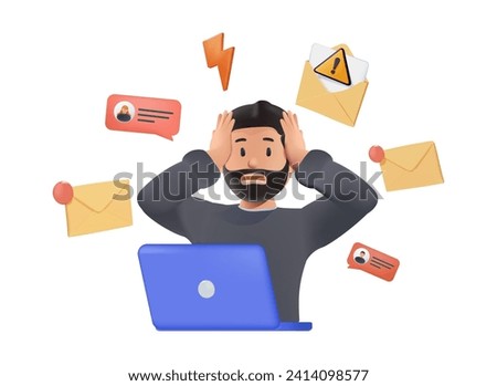 Malicious attachments isolated cartoon vector illustration 3D. Man having threat in email, malicious files to steal data, cybersecurity attack, computing industry, IT technology 3D vector cartoon